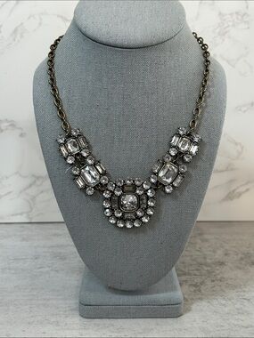 J. Crew Clear Crystal Bib Necklace with Antique Gold Chain
